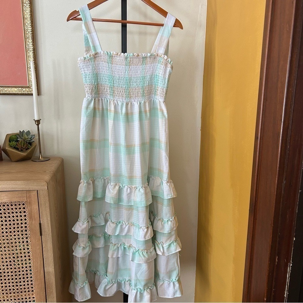 Moon River Tiered Ruffle Smocked Midi Dress Striped Plaid Boho Sleeveless Size S